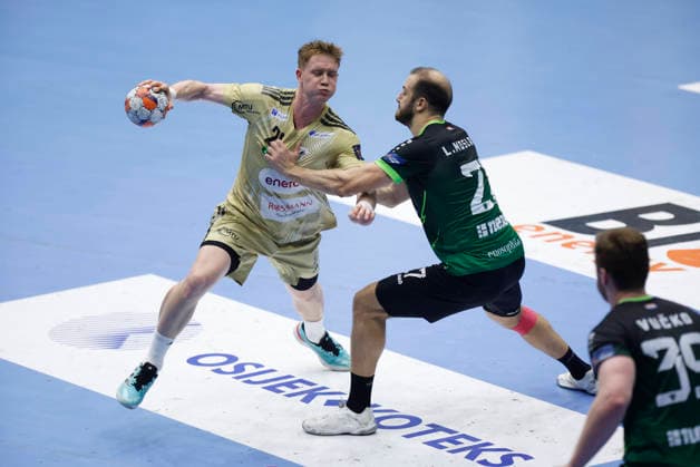 RK Nexe v Recken v TSV Hannover-Burgdorf - EHF European League Men 2025 2026 NASICE, CROATIA - MARCH 10: Jonathan Edvardsson of TSV Hannover-Burgdorf and Luka Moslavac of RK Nexe in action during the EHF European League Men 2025 2026 match between RK Nexe and Recken - TSV Hannover-Burgdorf at Sports Hall King Tomislav on March 10, 2026 in Nasice, Croatia.  DavorxJavorovic PIXSELL
