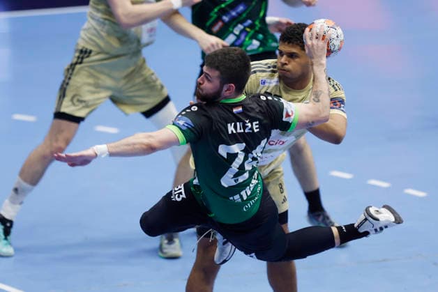 RK Nexe v Recken v TSV Hannover-Burgdorf - EHF European League Men 2025 2026 NASICE, CROATIA - MARCH 10: Tin Kuze of RK Nexe and Luis Rodriguez of TSV Hannover-Burgdorf in action during the EHF European League Men 2025 2026 match between RK Nexe and Recken - TSV Hannover-Burgdorf at Sports Hall King Tomislav on March 10, 2026 in Nasice, Croatia.  DavorxJavorovic PIXSELL