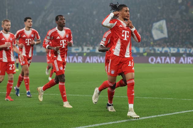 Bergamo, Italy, 10th March 2026. Michael Olise of Bayern Munchen celebrates with team mates after scoring to give the side a 2-0 lead during the Atalanta vs Bayern Munich UEFA Champions League match at Gewiss Stadium, Bergamo. Picture credit should read: Jonathan Moscrop Sportimage EDITORIAL USE ONLY. No use with unauthorised audio, video, data, fixture lists, club league logos or live services. Online in-match use limited to 120 images, no video emulation. No use in betting, games or single club league player publications. SPI_006_ATALANTA_BAYERN_UCL SPI-4583-0005