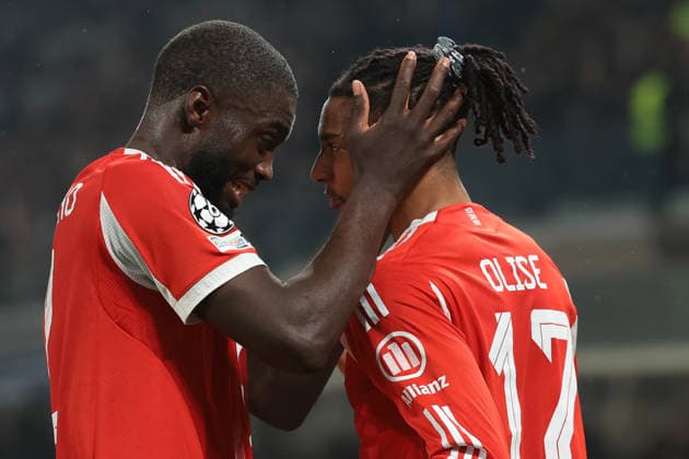 Bergamo, Italy, 10th March 2026. Michael Olise of Bayern Munchen celebrates with team mate Dayot Upamecano after scoring to give the side a 2-0 lead during the Atalanta vs Bayern Munich UEFA Champions League match at Gewiss Stadium, Bergamo. Picture credit should read: Jonathan Moscrop Sportimage EDITORIAL USE ONLY. No use with unauthorised audio, video, data, fixture lists, club league logos or live services. Online in-match use limited to 120 images, no video emulation. No use in betting, games or single club league player publications. SPI_012_ATALANTA_BAYERN_UCL SPI-4583-0012