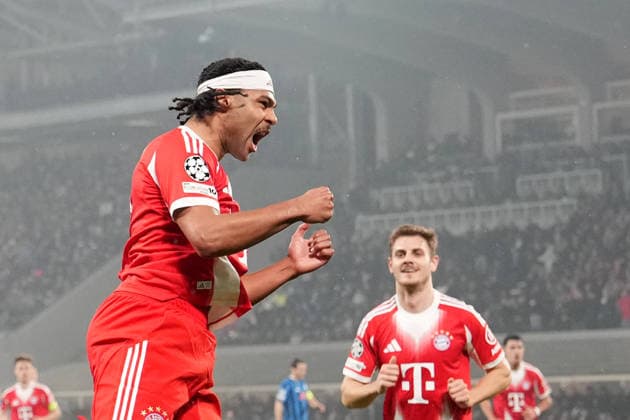 Bayern™s Serge Gnabry Celebrates after scoring 0-3 during the Uefa Champions League soccer match between Atalanta and Bayern Munich at the New Balance Stadium in Bergamo , north Italy - Tuesday , March 10 , 2026. - Soccer .  Copyright: xSpada LaPressex