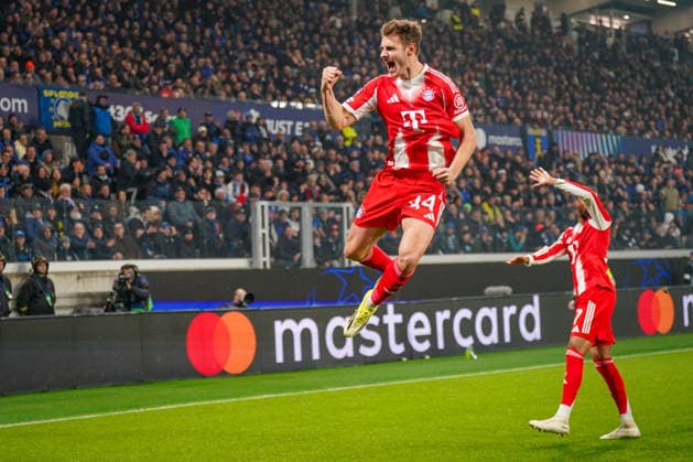 Italien: Fussball UEFA Champions League 2025 - 2026, Achtelfinale - Atalanta Bergamo vs FC Bayern München - New Balance Arena (Bergamo): Tor und Torjubel zum 0:1 durch Luis Diaz Luis Diaz (FC Bayern München, 14) Freude, Emotionen, Jubel Copyright: xJOERANxSTEINSIEKx