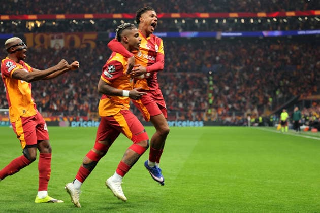 2026-03-10 Galatasaray SK v Liverpool FC - UEFA Champions League 2025 26 Round of 16 First Leg ISTANBUL, TURKEY - MARCH 10: Mario Lemina of Galatasaray SK celebrates after scoring the team s first goal with Mario Lemina of Galatasaray SK and Gabriel Sara of Galatasaray SK during the UEFA Champions League 2025 26 Round of 16 First Leg match between Galatasaray SK and Liverpool FC at Ali Sami Yen Spor Kompleksi on March 10, 2026 in Istanbul, Turkey. (Photo by BSR Agency) Istanbul Turkey Content not available for redistribution in The Netherlands directly or indirectly through any third parties. Copyright: xBSRxAgencyx