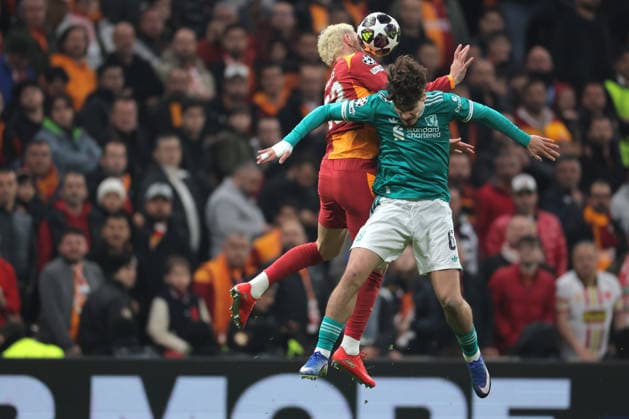 2026-03-10 Galatasaray SK v Liverpool FC - UEFA Champions League 2025 26 Round of 16 First Leg ISTANBUL, TURKEY - MARCH 10: Baris Yilmaz of Galatasaray SK battles for the ball with Milos Kerkez of Liverpool FC during the UEFA Champions League 2025 26 Round of 16 First Leg match between Galatasaray SK and Liverpool FC at Ali Sami Yen Spor Kompleksi on March 10, 2026 in Istanbul, Turkey. (Photo by BSR Agency) Istanbul Turkey Content not available for redistribution in The Netherlands directly or indirectly through any third parties. Copyright: xBSRxAgencyx