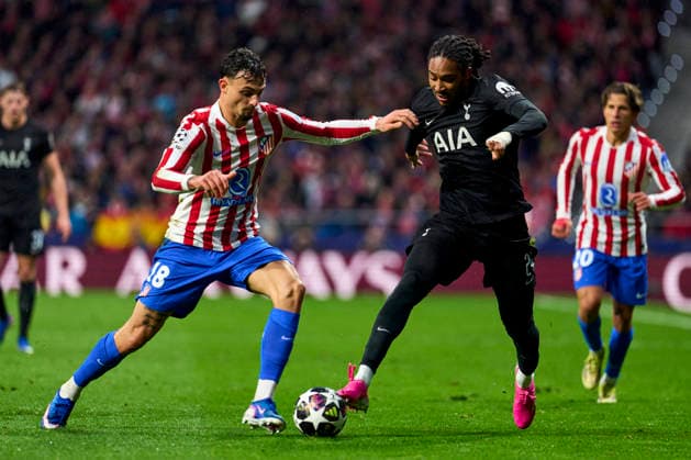 SOCCER- Matchday Round of 16 of UEFA Champions League match between Atletico de Madrid and Tottenham Hotspur at Riyadh Air Metropolitano Stadium on March 10, 2026. Djed Spence of Tottenham Hotspur battles for the ball with Marc Pubill of Atletico de Madrid during the UEFA Champions League match between Atletico de Madrid and Tottenham Hotspur at Riyadh Air Metropolitano Stadium on March 10, 2026. Madrid Madrid Spain EDITORIAL USE ONLY Copyright: xx CHECHU,xSENIS-CEBOLLAx xALFAQUIx dpphotos201260