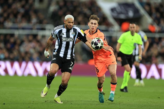 Newcastle United v FC Barcelona, Barca 10 March 2026 Newcastle-upon-Tyne - UEFA Champions League - Round of 16 (1st Leg) - Newcastle United v FC Barcelona - Joelinton of Newcastle United and Fermin Lopez of Barcelona - Photo: Simon Stacpoole Offside. Newcastle-upon-Tyne UK Copyright: xSimonxStacpoolexOffside
