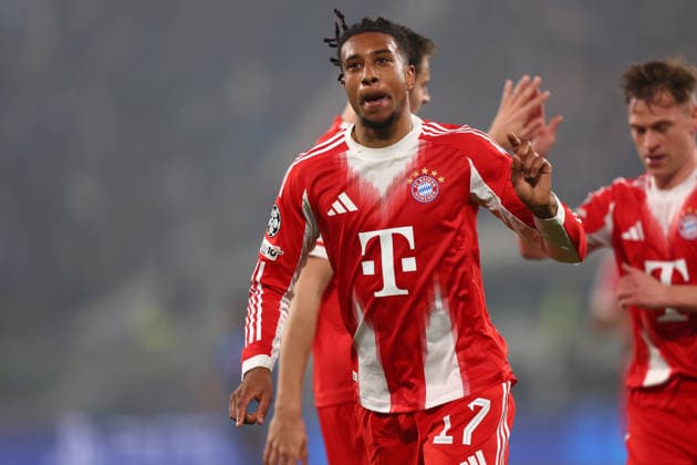 Michael Olise (FC Bayern Munchen) celebrates after scoring his team s fifth goal, UEFA Champions League 2025 26 League Round of 16, Atalanta BC v FC Bayern Munchen , Stadio Atleti azzurri d Italia, March 10, 2026, Bergamo, Italy.