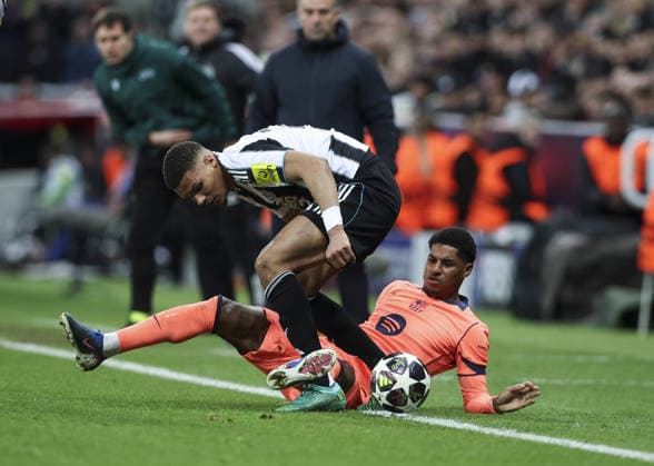 Newcastle v Barcelona, UEFA Champions League, Round of 16, 1st leg 10.03.26 Newcastle v Barcelona, UEFA Champions League, Round of 16, 1st leg Bradley Ormesher The Times Marcus Rashford Of Barcelona and Malick Thiaw of Newcastle United  Copyright: xBradleyxOrmesherx NINTCHDBPICT001065618726