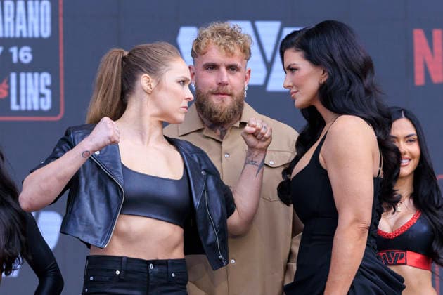 March 10, 2026, Inglewood, California, USA: (L-R) Ronda Rousey, Jake Paul and Gina Carano during a Most Valuable Promotions press conference, PK, Pressekonferenz on Tuesday March 10, 2026 at Intuit Dome Arena in Inglewood, California. ARIANA RUIZ PI Inglewood USA - ZUMAp124 20260310_zaa_p124_017 Copyright: xArianaxRuizx