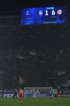 Bergamo, Italy, 10th March 2026.The final score of 6-1 is shown on the stadiun screen following the Atalanta vs Bayern Munich UEFA Champions League match at Gewiss Stadium, Bergamo. Picture credit should read: Jonathan Moscrop Sportimage EDITORIAL USE ONLY. No use with unauthorised audio, video, data, fixture lists, club league logos or live services. Online in-match use limited to 120 images, no video emulation. No use in betting, games or single club league player publications. SPI_026_ATALANTA_BAYERN_UCL SPI-4583-0029