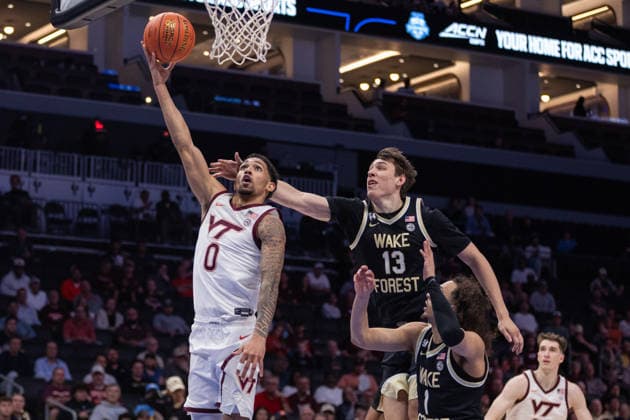 March 10, 2026: Virginia Tech Hokies guard Jailen Bedford (0) shoots against Wake Forest Demon Deacons forward Cooper Schwieger (13) during the second half of the 2025 ACC Men s Baskeetball Championship at Spectrum Center in Charlotte, NC. ( ) Charlotte United States - ZUMAc04_ 20260310_zma_c04_159 Copyright: xScottxKinserx