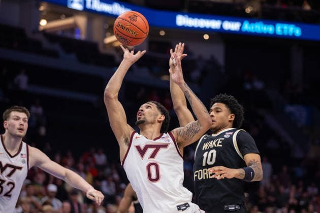 March 10, 2026: Virginia Tech Hokies guard Jailen Bedford (0) shoots the ball during overtime against the Wake Forest Demon Deacons in the 2025 ACC Men s Baskeetball Championship at Spectrum Center in Charlotte, NC. ( ) Charlotte United States - ZUMAc04_ 20260310_zma_c04_176 Copyright: xScottxKinserx