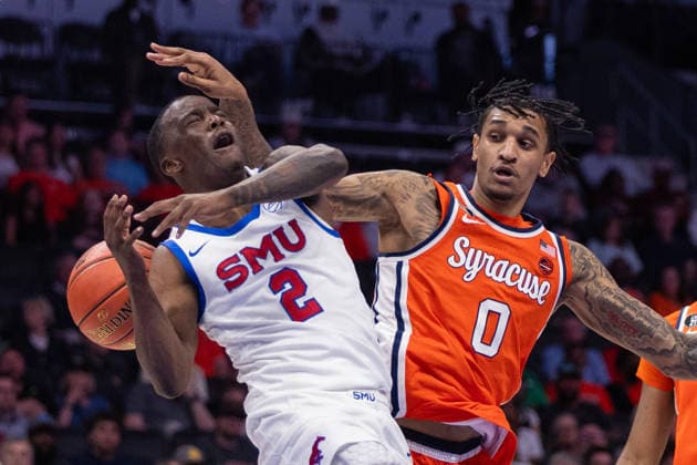 March 10, 2026: SMU Mustangs guard Boopie Miller (2) gets fouled as he shoots by Syracuse Orange forward Sadiq White Jr. (0) during the second half of the 2025 ACC Men s Baskeetball Championship at Spectrum Center in Charlotte, NC. ( ) Charlotte United States - ZUMAc04_ 20260310_zma_c04_177 Copyright: xScottxKinserx