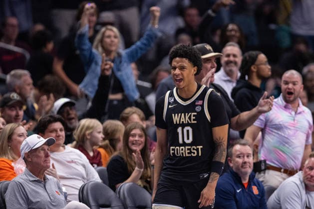 March 10, 2026: Wake Forest Demon Deacons guard Sebastian Akins (10) celebrates during overtime against the Virginia Tech Hokies in the 2025 ACC Men s Baskeetball Championship at Spectrum Center in Charlotte, NC. ( ) Charlotte United States - ZUMAc04_ 20260310_zma_c04_184 Copyright: xScottxKinserx