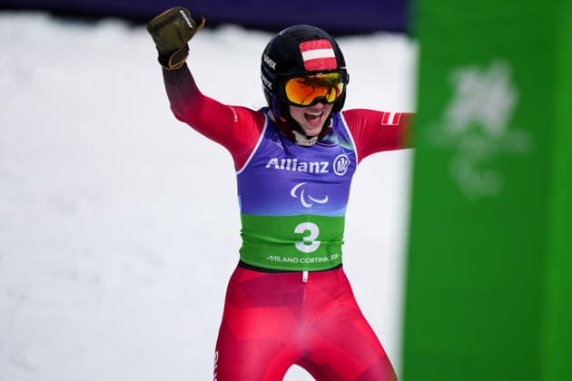 (260311) -- CORTINA D AMPEZZO, March 11, 2026 -- Veronika Aigner of Austria celebrates after winning the para alpine skiing women s combined vision impaired event at the Milan-Cortina 2026 Paralympic Winter games, Winterspiele,Spiele, Summer games in Cortina D ampezzo, Italy, March 10, 2026. ) (SP)ITALY-CORTINA D AMPEZZO-PARALYMPIC WINTER GAMES-PARA ALPINE SKIING-WOMEN S COMBINED-VISION IMPAIRED LianxYi 