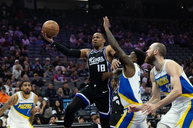 March 10, 2026, Sacramento, Ca, USA: Sacramento Kings guard Russell Westbrook (18) drives to the basket against Indiana Pacers guard Kam Jones (7) during a game at the Golden 1 Center on Tuesday, March 10, 2026 in Sacramento. Sacramento USA - ZUMAj89_ 20260310_zaf_j89_035 Copyright: xPaulxKitagakixJr.x