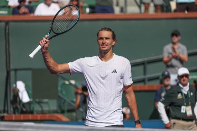 INDIAN WELLS, CA - MARCH 10: Alexander Zverev (GER) celebrates a win during the BNP Paribas Open on March 10, 2026 at Indian Wells Tennis Garden in Indian Wells, CA. (Photo by George Walker Icon Sportswire) TENNIS: MAR 10 BNP Paribas Open EDITORIAL USE ONLY Icon260310116