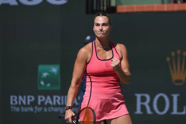 INDIAN WELLS, CA - MARCH 10: Aryna Sabalenka reacts to a point during the BNP Paribas Open on March 10, 2026 at Indian Wells Tennis Garden in Indian Wells, CA. (Photo by George Walker Icon Sportswire) TENNIS: MAR 10 BNP Paribas Open EDITORIAL USE ONLY Icon260310049