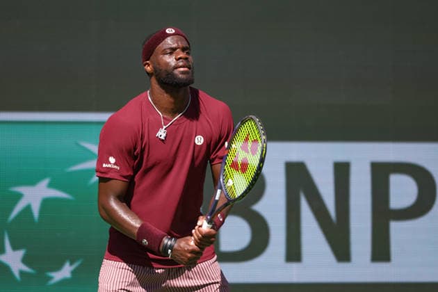 INDIAN WELLS, CA - MARCH 10: Frances Tiafoe (USA) receives serve during the BNP Paribas Open on March 10, 2026 at Indian Wells Tennis Garden in Indian Wells, CA. (Photo by George Walker Icon Sportswire) TENNIS: MAR 10 BNP Paribas Open EDITORIAL USE ONLY Icon260310099