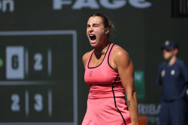 INDIAN WELLS, CA - MARCH 10: Aryna Sabalenka reacts to a point during the BNP Paribas Open on March 10, 2026 at Indian Wells Tennis Garden in Indian Wells, CA. (Photo by George Walker Icon Sportswire) TENNIS: MAR 10 BNP Paribas Open EDITORIAL USE ONLY Icon260310050
