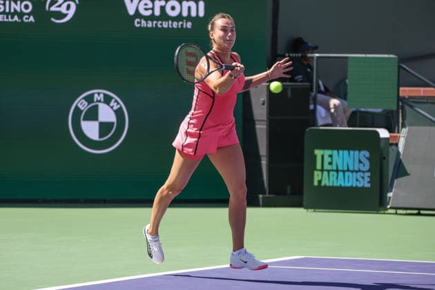 INDIAN WELLS, CA - MARCH 10: Aryna Sabalenka hits a forehand during the BNP Paribas Open on March 10, 2026 at Indian Wells Tennis Garden in Indian Wells, CA. (Photo by George Walker Icon Sportswire) TENNIS: MAR 10 BNP Paribas Open EDITORIAL USE ONLY Icon260310067