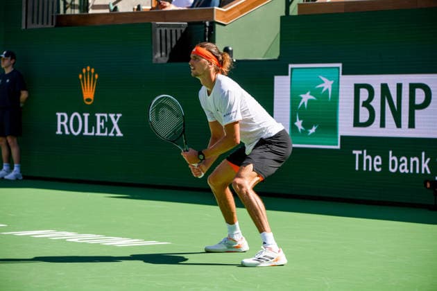 INDIAN WELLS, CA - MARCH 10: Alexander Zverev (GER) receives serve during the BNP Paribas Open on March 10, 2026 at Indian Wells Tennis Garden in Indian Wells, CA. (Photo by George Walker Icon Sportswire) TENNIS: MAR 10 BNP Paribas Open EDITORIAL USE ONLY Icon260310104