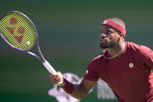 March 10, 2026, Indian Wells, California, USA: FRANCES TIAFOE of the United States hits a forehand against Alexander Zverev of Germany during their round of 16 match at the BNP Paribas Open at Indian Wells Tennis Garden on March 10, 2026 in Indian Wells, CA. Indian Wells USA - ZUMAl140 20260310_aap_l140_031 Copyright: xShelleyxLiptonx