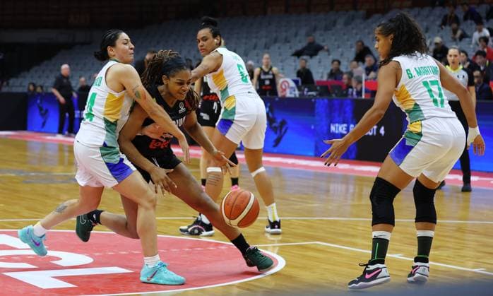 Belgium s Alicia Courthiau fights for the ball during a basket game between Brazil and Belgium s national team, Nationalteam Belgian Cats, in Wuhan, China, on Wednesday 11 March 2026, the first day (of 5) of the qualifications phase for the World Cup Basket tournament. NIKOLAxKRSTIC  x167124907x