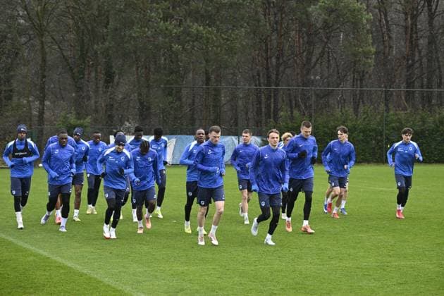 Genk s players pictured during a training session of Belgian soccer team KRC Genk, Wednesday 11 March 2026 in Genk. The team is preparing for tomorrow s match against German Freiburg, the first leg of the 1 16 Finals of the UEFA Europa League tournament. TOM GOYVAERTS TomxGoyvaerts  x167124919x