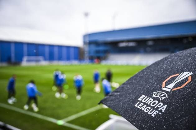 The logo of the UEFA Europa League pictured at a training session of Belgian soccer team KRC Genk, Wednesday 11 March 2026 in Genk. The team is preparing for tomorrow s match against German Freiburg, the first leg of the 1 16 Finals of the UEFA Europa League tournament. TOM GOYVAERTS TomxGoyvaerts  x167126253x