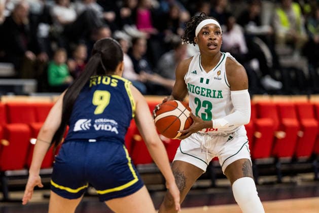 LYON-VILLEURBANNE, FRANCE - MARCH 11: Ezinne Kalu (Nigeria, 23) controls the ball against Manuela Rios (Colombia, 9) during the FIBA Women™s World Cup Qualifying Tournament match between Nigeria vs. Colombia at Astroballe on matchday 1 of the FIBA Women™s World Cup Qualifying Tournament on March 11, 2026 in Lyon-Villeurbanne, France. France Copyright: xSteffiexWunderlx