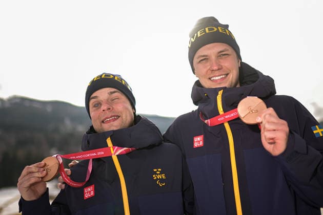 260311 Zebastian Modin of Sweden with guide Emil Talsi pose with their Paralympic bronze medals after the men™s 10km interval start vision impaired para cross-country skiing during day 5 of the Milano Cortina 2026 Winter Paralympic Games on March 11, 2026 in Val di Fiemme. Photo: Maxim ThorÃ BILDBYRAN kod MT MT1018 skidor cross-country skiing langrenn paralympic games paralympics paralympiska spel paralympiske leker vinter-paralympics winter paralympics milano cortina 2026 milano cortina 2026 winter paralympic games 5 bbeng jubel sverige *** 260311 Zebastian Modin of Sweden with guide Emil Talsi pose with their Paralympic bronze medals after the men™s 10km interval start vision impaired para cross country skiing during day 5 of the Milano Cortina 2026 Winter Paralympic Games on March 11, 2026 in Val di Fiemme Photo Maxim ThorÃ BILDBYRAN code MT MT1018 skidor cross country skiing langrenn paralympic games paralympiska spel paralympiske leker vinter paralympics winter paralympics milano cortina 2026 milano cortina 2026 winter paralympic games 5 bbeng jubel sverige  Copyright: MAXIMxTHORE BB260311MT106