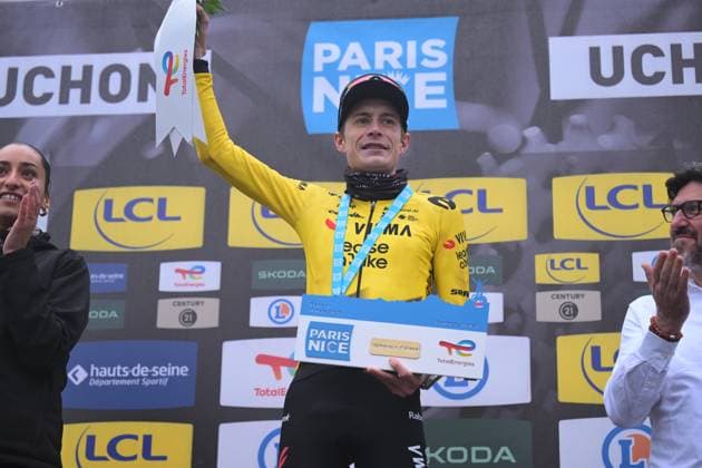 Danish Jonas Vingegaard of Team Visma-Lease a Bike celebrates on the podium after winning the fourth stage of 84th edition of the Paris-Nice cycling race, a race from Bourges to Uchon (195 km), on Wednesday 11 March 2026. DAVIDxPINTENS  x167175464x