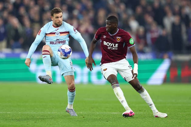London, England, 9th March 2026. Jordan Henderson of Brentford and Mohamadou Kante of West Ham United challenge for the ball during the West Ham United vs Brentford FA Cup match at the London Stadium, London. Picture credit should read: Paul Terry Sportimage EDITORIAL USE ONLY. No use with unauthorised audio, video, data, fixture lists, club league logos or live services. Online in-match use limited to 120 images, no video emulation. No use in betting, games or single club league player publications. SPI_086_PT_West_Ham_Brentford SPI-4594-0086