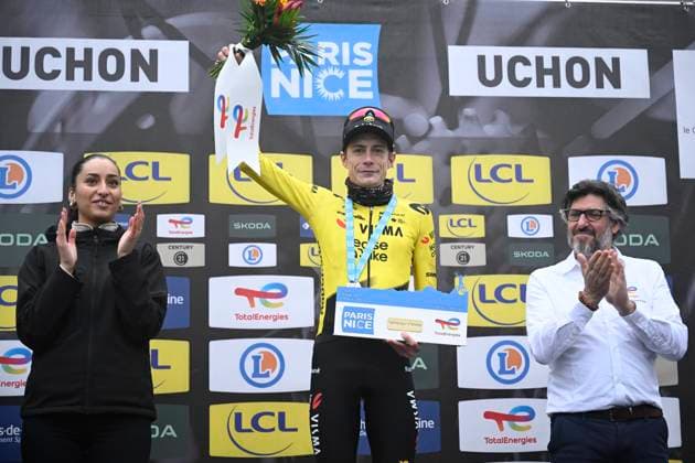 Paris Nice 2026 Stage 4 UCHON, FRANCE - MARCH 11 : Vingegaard Jonas (DEN) of Team Visma I Lease a Bike pictured during the podium ceremony of stage 4 of the 84th edition of Paris - Nice an UCI World Tour 2.UWT cycling road race stage for Men Elite of 195 km with start in Bourges and finish in Uchon on March 11, 2026 in Uchon, France, 11 03 2026 ( Motordriver Guy De Vuyst - Uchon France  Copyright: xNicoxVereeckenx