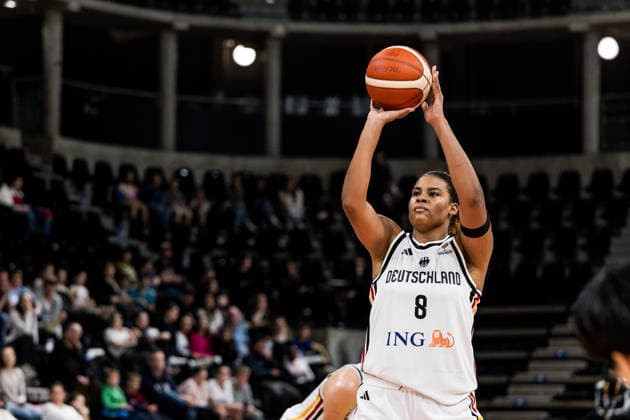 LYON-VILLEURBANNE, FRANCE - MARCH 11: Nyara Sabally (Germany, 8) on the freethrow line during the FIBA Women™s World Cup Qualifying Tournament match between Germany vs. Republic of Korea at Astroballe on matchday 1 of the FIBA Women™s World Cup Qualifying Tournament on March 11, 2026 in Lyon-Villeurbanne, France. France Copyright: xSteffiexWunderlx