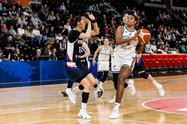LYON-VILLEURBANNE, FRANCE - MARCH 11: Nyara Sabally (Germany, 8) controls the ball against Haeran Lee (Republic of Korea, 12) during the FIBA Women™s World Cup Qualifying Tournament match between Germany vs. Republic of Korea at Astroballe on matchday 1 of the FIBA Women™s World Cup Qualifying Tournament on March 11, 2026 in Lyon-Villeurbanne, France. France Copyright: xSteffiexWunderlx