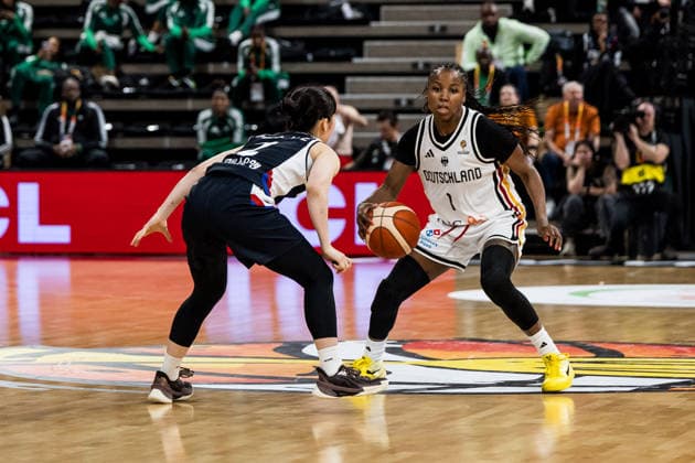 LYON-VILLEURBANNE, FRANCE - MARCH 11: Alexis Peterson (Germany, 1) controls the ball against Yeeun Heo (Republic of Korea, 2) during the FIBA Women™s World Cup Qualifying Tournament match between Germany vs. Republic of Korea at Astroballe on matchday 1 of the FIBA Women™s World Cup Qualifying Tournament on March 11, 2026 in Lyon-Villeurbanne, France. France Copyright: xSteffiexWunderlx