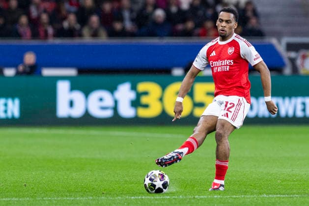 LEVERKUSEN, GERMANY - MARCH 11: Jurrien Timber (FC Arsenal, 12) during the UEFA Champions League match between Bayer Leverkusen vs. FC Arsenal in the first leg of the round of 16 at BayArena on March 11th, 2026 in Leverkusen, Germany. NRW Germany Copyright: xBEAUTIFULxSPORTS JulianxMeuselx