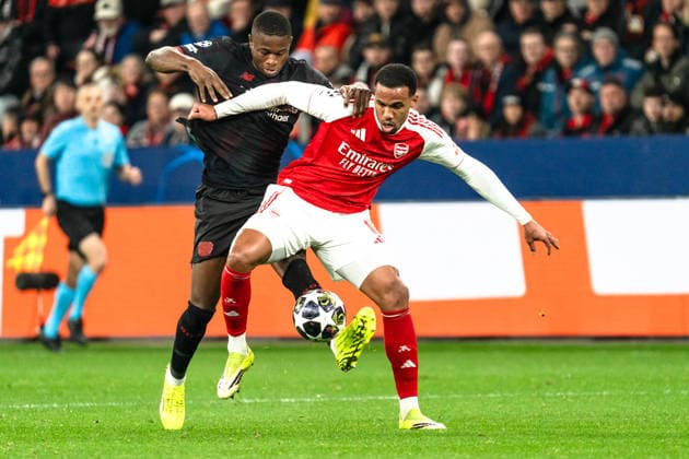 UEFA Champions League 2025 2026 Bayer 04 Leverkusen vs. Arsenal, Achtelfinale, Round of 16 - Hinrunde, Mittwoch, 11.03.2026 BayArena (Nordrhein-Westfalen, Deutschland) Gabriel Magalhaes Magalhaes (Arsenal, 6) Christian Kofane ( 35) Copyright: xCelinaxLeiersx
