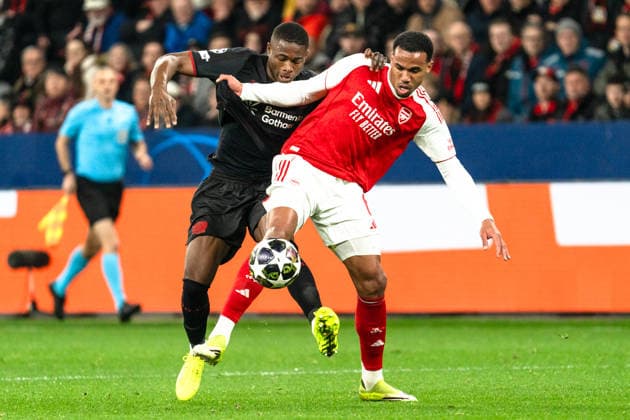 UEFA Champions League 2025 2026 Bayer 04 Leverkusen vs. Arsenal, Achtelfinale, Round of 16 - Hinrunde, Mittwoch, 11.03.2026 BayArena (Nordrhein-Westfalen, Deutschland) Gabriel Magalhaes Magalhaes (Arsenal, 6) Christian Kofane ( 35) Copyright: xCelinaxLeiersx
