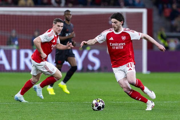 LEVERKUSEN, GERMANY - MARCH 11: Declan Rice (FC Arsenal, 41) during the UEFA Champions League match between Bayer Leverkusen vs. FC Arsenal in the first leg of the round of 16 at BayArena on March 11th, 2026 in Leverkusen, Germany. NRW Germany Copyright: xBEAUTIFULxSPORTS JulianxMeuselx