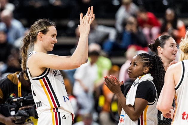 LYON-VILLEURBANNE, FRANCE - MARCH 11: Emily Bessoir (Germany, 22) applauds for the fans after winning the FIBA Women™s World Cup Qualifying Tournament match between Germany vs. Republic of Korea at Astroballe on matchday 1 of the FIBA Women™s World Cup Qualifying Tournament on March 11, 2026 in Lyon-Villeurbanne, France. France Copyright: xSteffiexWunderlx