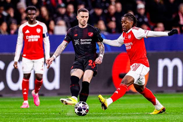 Aleix Garcia of Bayer 04 Leverkusen battles for possession with Eberechi Eze of Arsenal FC Bayer 04 Leverkusen v Arsenal FC, UEFA Champions League 2025 26 Round of 16 First Leg, Bayer 04 Leverkusen v Arsenal FC, BayArena, March 11, 2026, Leverkusen, Germany.
