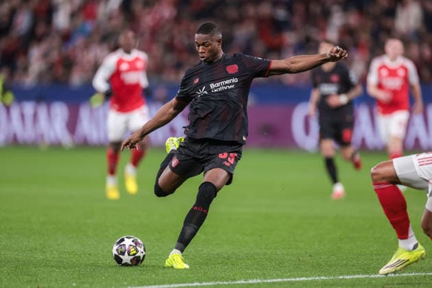 11.03.2026, Fussball, Achtelfinale der UEFA Champions League, Bayer 04 Leverkusen - Arsenal London, Christian Michel Kofane (Bayer 04 Leverkusen) mit einem Torschuss. Leverkusen BayArena NRW Deutschland xRHR-FOTO DEx Copyright: DennisxEwert RHR-FOTOx RHR-FOTO DE