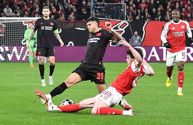 11.03.2026, xhbx, Fussball UEFA Champions League, Bayer 04 Leverkusen - FC Arsenal London v.l. Exequiel Palacios (Bayer Leverkusen), Declan Rice (Arsenal London FC) (DFL DFB REGULATIONS PROHIBIT ANY USE OF PHOTOGRAPHS as IMAGE SEQUENCES and or QUASI-VIDEO) Leverkusen