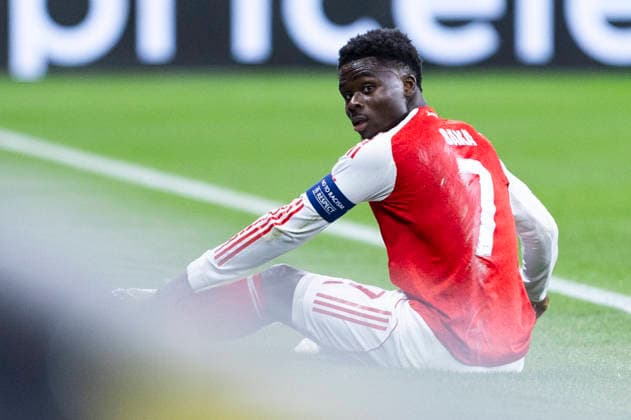 LEVERKUSEN, GERMANY - MARCH 11: Bukayo Saka (FC Arsenal, 7) during the UEFA Champions League match between Bayer Leverkusen vs. FC Arsenal in the first leg of the round of 16 at BayArena on March 11th, 2026 in Leverkusen, Germany. NRW Germany Copyright: xBEAUTIFULxSPORTS JulianxMeuselx