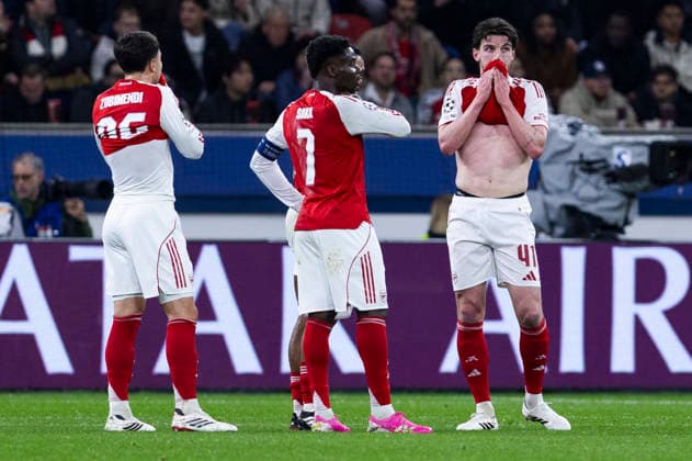 LEVERKUSEN, GERMANY - MARCH 11: Martin Zubimendi (FC Arsenal, 36), Bukayo Saka (FC Arsenal, 7), Declan Rice (FC Arsenal, 41) during the UEFA Champions League match between Bayer Leverkusen vs. FC Arsenal in the first leg of the round of 16 at BayArena on March 11th, 2026 in Leverkusen, Germany. NRW Germany Copyright: xBEAUTIFULxSPORTS JulianxMeuselx