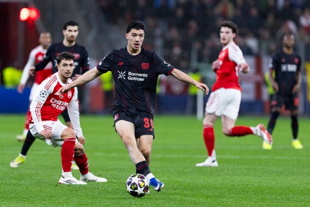 LEVERKUSEN, GERMANY - MARCH 11: Ibrahim Maza (Bayer 04 Leverkusen, 30) during the UEFA Champions League match between Bayer Leverkusen vs. FC Arsenal in the first leg of the round of 16 at BayArena on March 11th, 2026 in Leverkusen, Germany. NRW Germany Copyright: xBEAUTIFULxSPORTS JulianxMeuselx