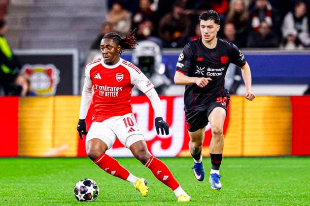 Eberechi Eze of Arsenal FC runs with the ball Bayer 04 Leverkusen v Arsenal FC, UEFA Champions League 2025 26 Round of 16 First Leg, Bayer 04 Leverkusen v Arsenal FC, BayArena, March 11, 2026, Leverkusen, Germany.